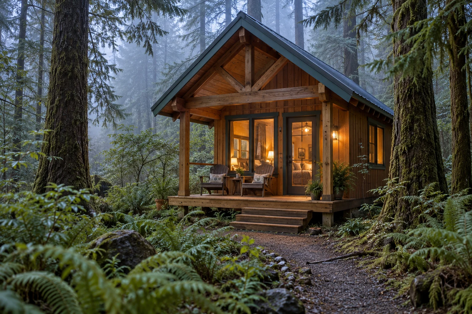 The secluded Blue Pine cedar cabin with a private porch among tall fir trees and morning mist