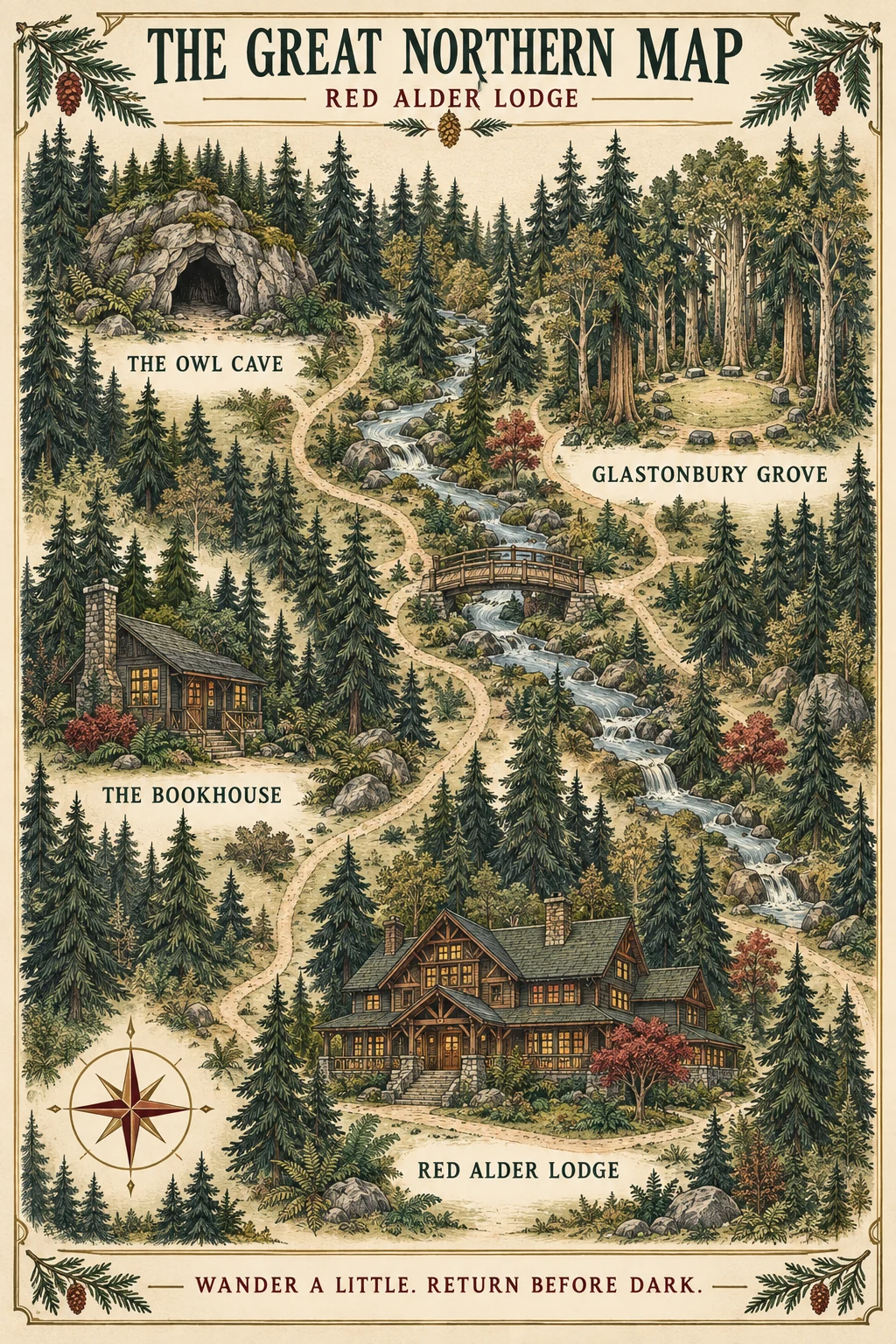 A vintage illustrated map of Red Alder Lodge, with paths to the Owl Cave, Glastonbury Grove, and the Bookhouse