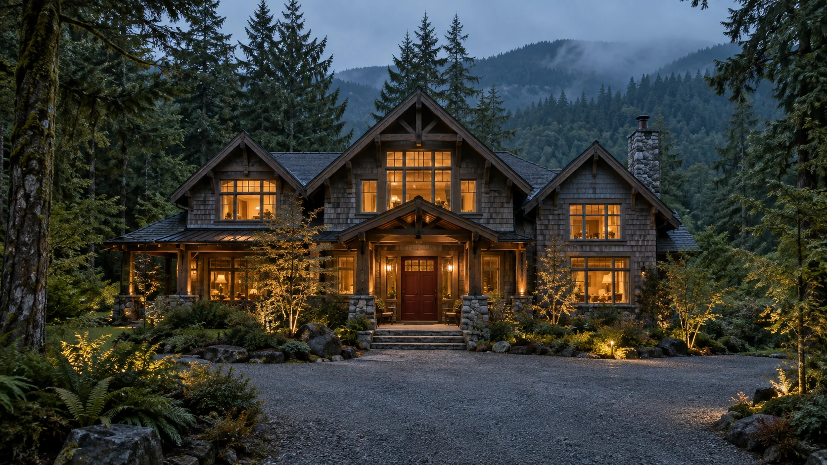 A cedar lodge glowing warmly beneath tall evergreens in the misty Washington woods
