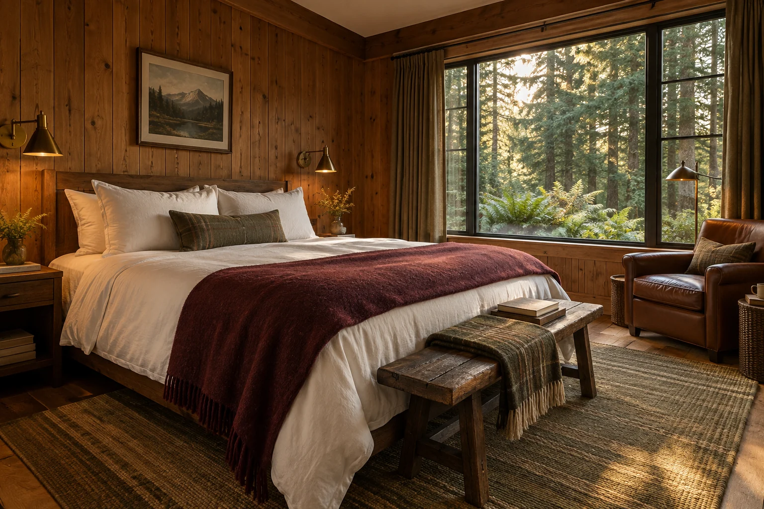 A warm pine-paneled guest room with ivory bedding, a burgundy throw, and a window onto the forest